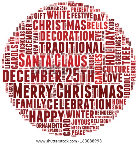 Conceptual tag cloud of words related to Christmas and celebration in the shape of a circle.