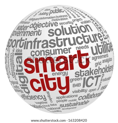 Conceptual tag cloud containing words related to smart city, digital city, infrastructure, ICT, efficiency, energy, sustainability, development and other ICT related terms