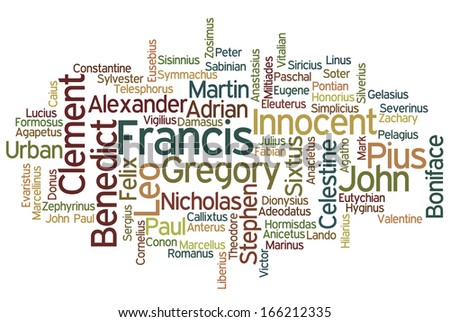 Conceptual tag cloud containing names of Roman Catholic popes throughout history, with name of current Pope Francis emphasized