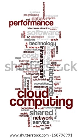 Conceptual tag cloud containing words related to cloud computing, computer performance, storage, networking, mobility, software other ICT related terms