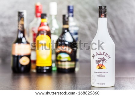 ZAGREB, CROATIA - DECEMBER 27, 2013: Bottle of Malibu Rum, flavored rum based liqueur made with natural coconut extract with 21.0% ABV. The brand is owned by Pernod Ricard.