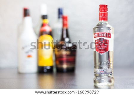 ZAGREB, CROATIA - DECEMBER 29, 2013: Bottle of Smirnoff Red Vodka. Smirnoff brand was established around 1860 in Moscow by Pyotr Arsenievich Smirnoff and is now owned and produced by Diageo from UK.