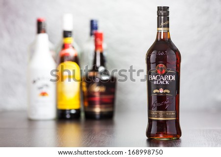ZAGREB, CROATIA - DECEMBER 29, 2013: Bacardi Black is rum made by Bacardi Company. It\'s 37.5 - 40% ABV and colorless; it\'s used mostly to make cocktails such as Cuba Libre, Daiquiri or Pina Colada.