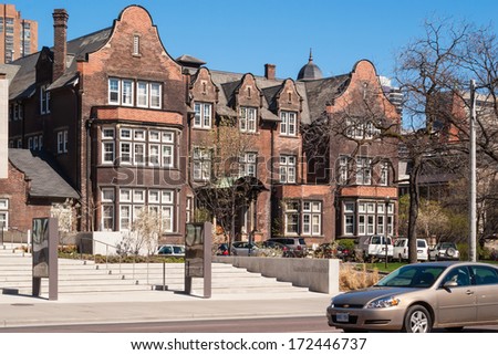 TORONTO, CANADA - MAY 3, 2007: Annesley Hall, all-female residence at Victoria College, University of Toronto, built in 1903 in Queen Anne style as 1st university residence built for women in Canada.