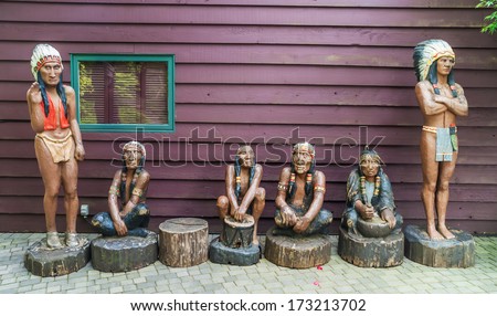 VANCOUVER, CANADA - MAY 23, 2007: Native Indian wood carving at the entrance to Capilano River Regional Park in District of North Vancouver, British Columbia, Canada.