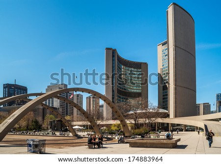 TORONTO, CANADA - MAY 4, 2007: Building of new City Hall on Nathan Phillips Square- home of municipal government of Toronto, Ontario. It was designed by architects Viljo Revell and Richard Strong.