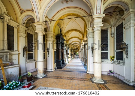 ZAGREB, CROATIA - JULY 25, 2007: Arcades at Mirogoj Cemetery, final resting place of many famous Croatian historic figures and celebrities. They were designed by Herman Bolle and built 1879 - 1929.