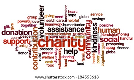 Word cloud containing words related to charity, assistance, health care, kindness, human features, positivity, volunteering, donations, help and similar