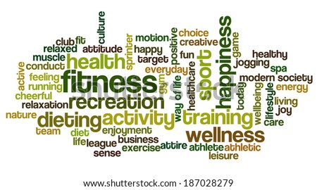 Conceptual image of tag cloud containing words related to fitness, recreation, sports and healthy lifestyle.