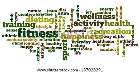 Conceptual image of tag cloud containing words related to fitness, recreation, sports and healthy lifestyle.