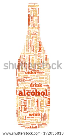 Word cloud containing words related to alcohol (cider, wine, beer, cocktail, bitter, cognac, spirit, etc.) in shape of a bottle in orange colors