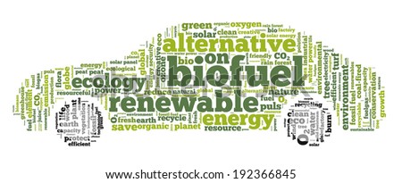 Conceptual tag cloud in the shape of the car containing words related to biofuel, ecology, environment, pollution, renewable resources, recycling, conservation, efficiency...