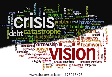 Conceptual tag cloud containing words related to crisis and trouble opposed to strategy, leadership, business, innovation, success, motivation, vision, mission and teamwork.