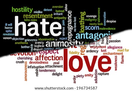 Conceptual tag cloud containing words related to hate and animosity opposed to love, caring, adulation, affection, devotion, passion and zeal.