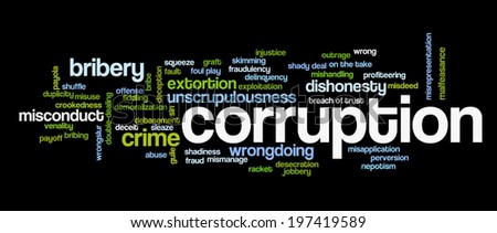 Word cloud containing words related to corruption, crime, bribery, shadiness, sin, unscrupulousness, wrongdoing and illegal activities