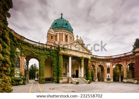 Entrance to Mirogoj cemetery with Church of King Christ in Zagreb, Croatia during the fall