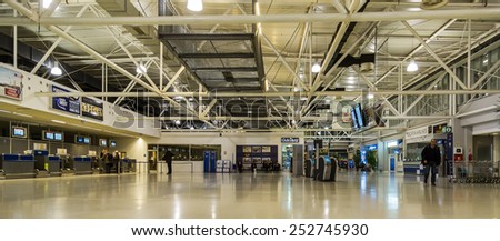 DUBROVNIK, CROATIA - FEBRUARY 12, 2015: Interior of Dubrovnik Airport main terminal building, which opened in May 2010 and stretches over 13,700 square meters.