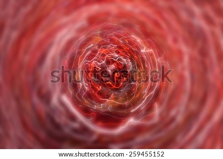 Blurred images of light trails, abstract light; blur effect radiating from the center towards the edges, concept of a tunnel or voyage through veins or stellar path