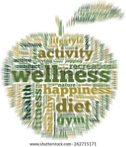 Conceptual illustration of tag cloud containing words related to diet, wellness, fitness and healthy lifestyle in the shape of an apple. Radial zoom blur.