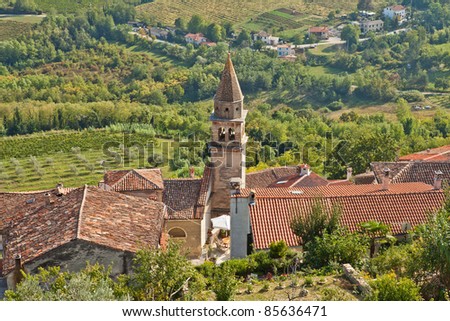 View at the catholic church tower from the small and historic Istrian town Motovun, home to Motovun Film Festival, in Croatia