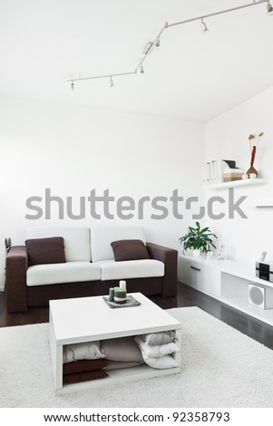 Modern living room with computer desk and the screen, sofa and table with white carpet on dark brown wooden floor