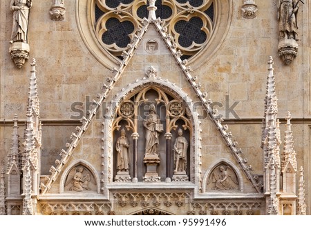 Portal of the gothic cathedral dedicated to the Assumption of Mary and to kings Saint Stephen and Saint Ladislaus in Zagreb, Croatia