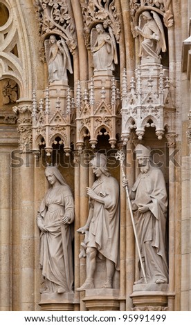 Detail of the portal of the gothic cathedral dedicated to the Assumption of Mary and to kings Saint Stephen and Saint Ladislaus in Zagreb, Croatia