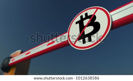Barrier gate with Bitcoin prohibition sign. Cryptocurrency ban conceptual 3D rendering