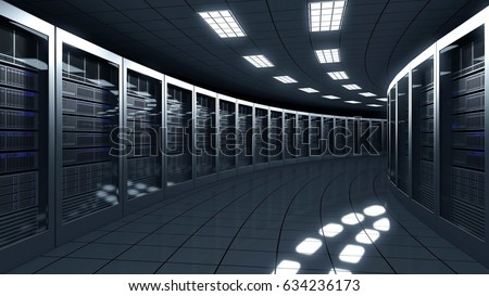 Modern server room. Information technologies, ISP, cloud services, data center or big online business concepts. 3D rendering