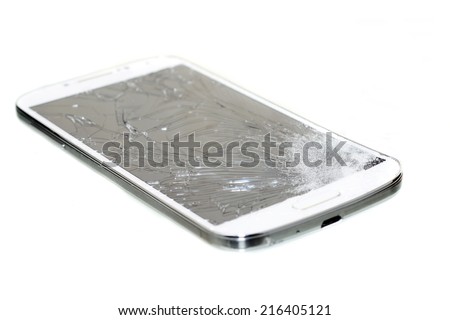Cell phone with a broken screen  isolated on white