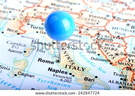 Macro shot of a European map showing Rome, Italy
