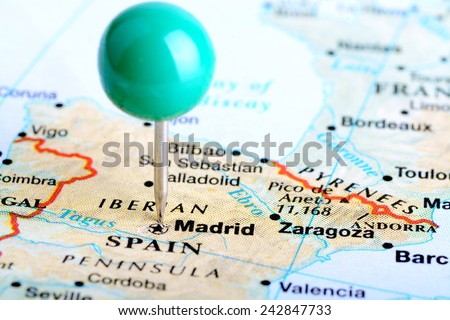 Macro shot of a European map showing Madrid Spain