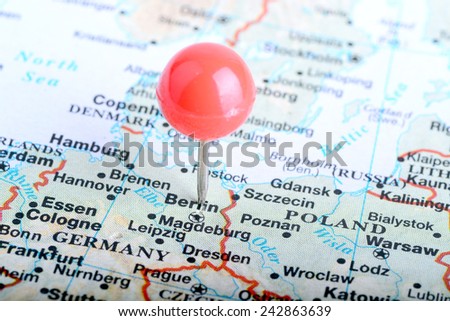 Macro shot of a European map showing Berlin in Germany