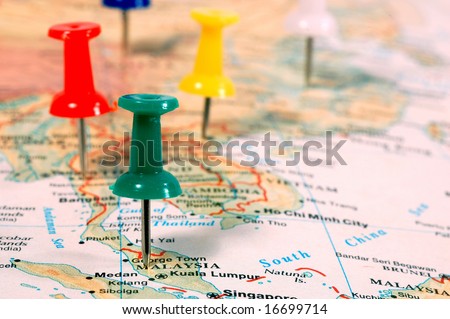 stock photo : Map of South East Asia with pins showing cities locations
