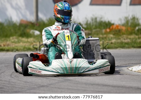BACAU, ROMANIA - MAY 21: Salvatore Arcarese competes in National Karting Championship, Round 2, on May 21, 2011 in Bacau, Romania.