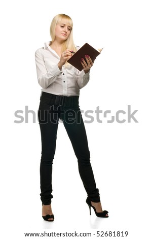 business woman with notebook on white background isolated