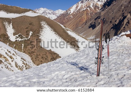 Ski gear with snowed mountailns background