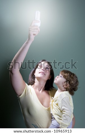 Young woman holding a fluorescent light bulb on top of her head showing it to her daughter