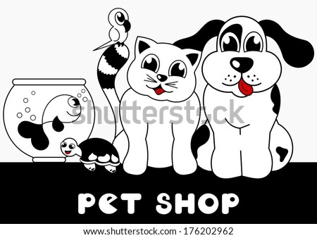 pet shop sign with cartoon animals - dog, cat, bird, fish and turtle
