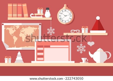 santa claus workstation on red background santa claus workstation on red background