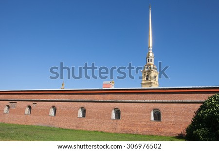 Saint Petersburg, Peter and Paul Fortress, the golden spire of the cathedral against the blue sky