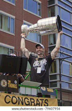 BOSTON, MA, USA - JUNE 18: Zdeno Chara celebrates the Stanley cup victory at the Boston Bruins parade after winning the cup for the first time in 39 years, June 18, 2011 in Boston, MA, United States