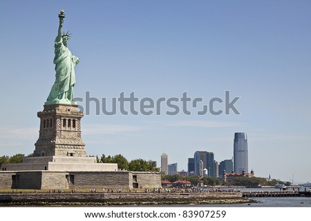View of southern Manhattan and the Statue of Liberty