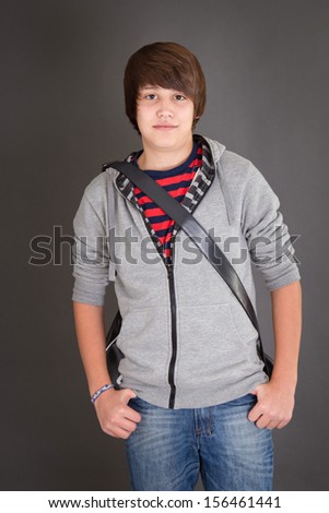 Three-quarter length of teenager boy with shoulder bag.