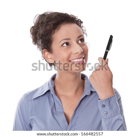 Idea: woman thinking with pen in hand isolated on white background
