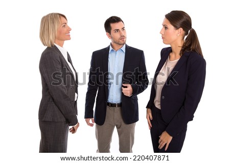 Isolated business team: man and woman talking together wearing suit and costume.