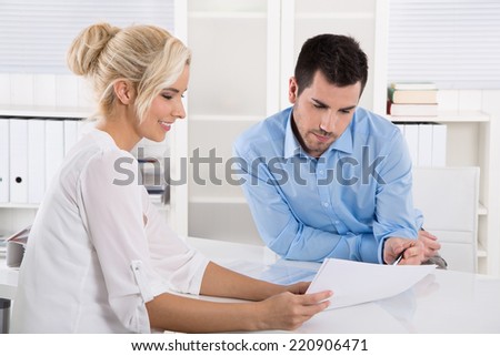 Customer and client sitting at desk or business people talking about finance.