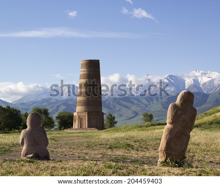 Ancient stone sculptures near Old Burana tower located on famous Silk road, Kyrgyzstan.
