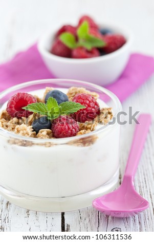 fresh yogurt with fruits and cereals