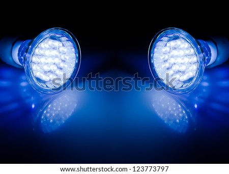 Blue beams of two led lamps